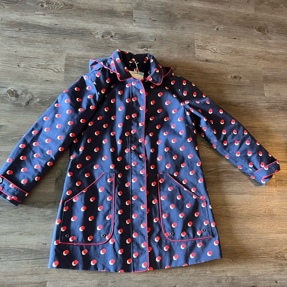 Boden Playful Black and Red Dot Pattern Raincoat with Removable Hood FIRM PRICE